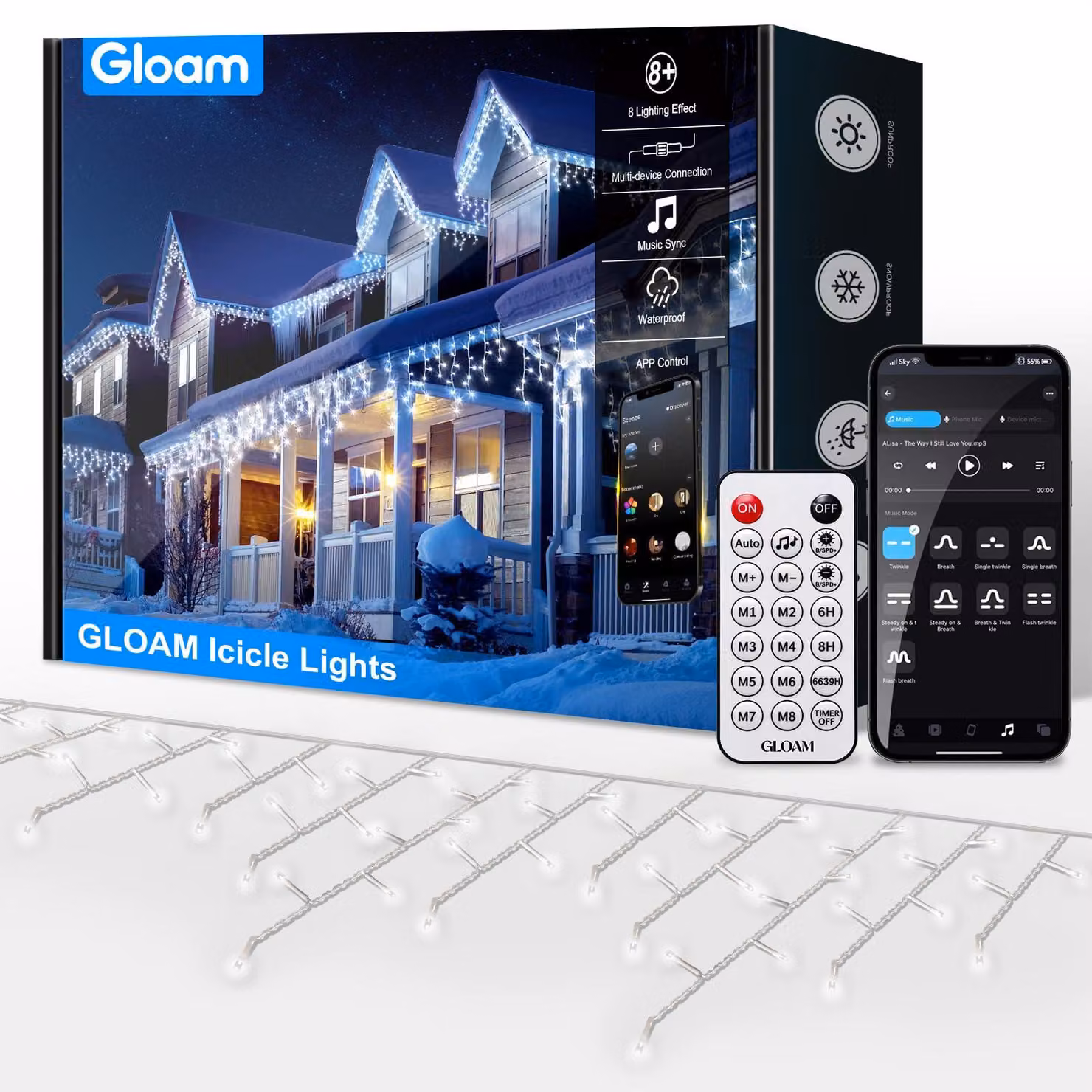 Catena luminosa a forma di cristallo di ghiaccio, 20 metri, luce bianca fredda, LED, controllo tramite app, impermeabile