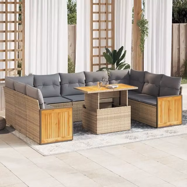 Set da giardino vidaXL a forma di U composto da 10 pezzi in polyrattan e legno di acacia con cuscini beige e grigi