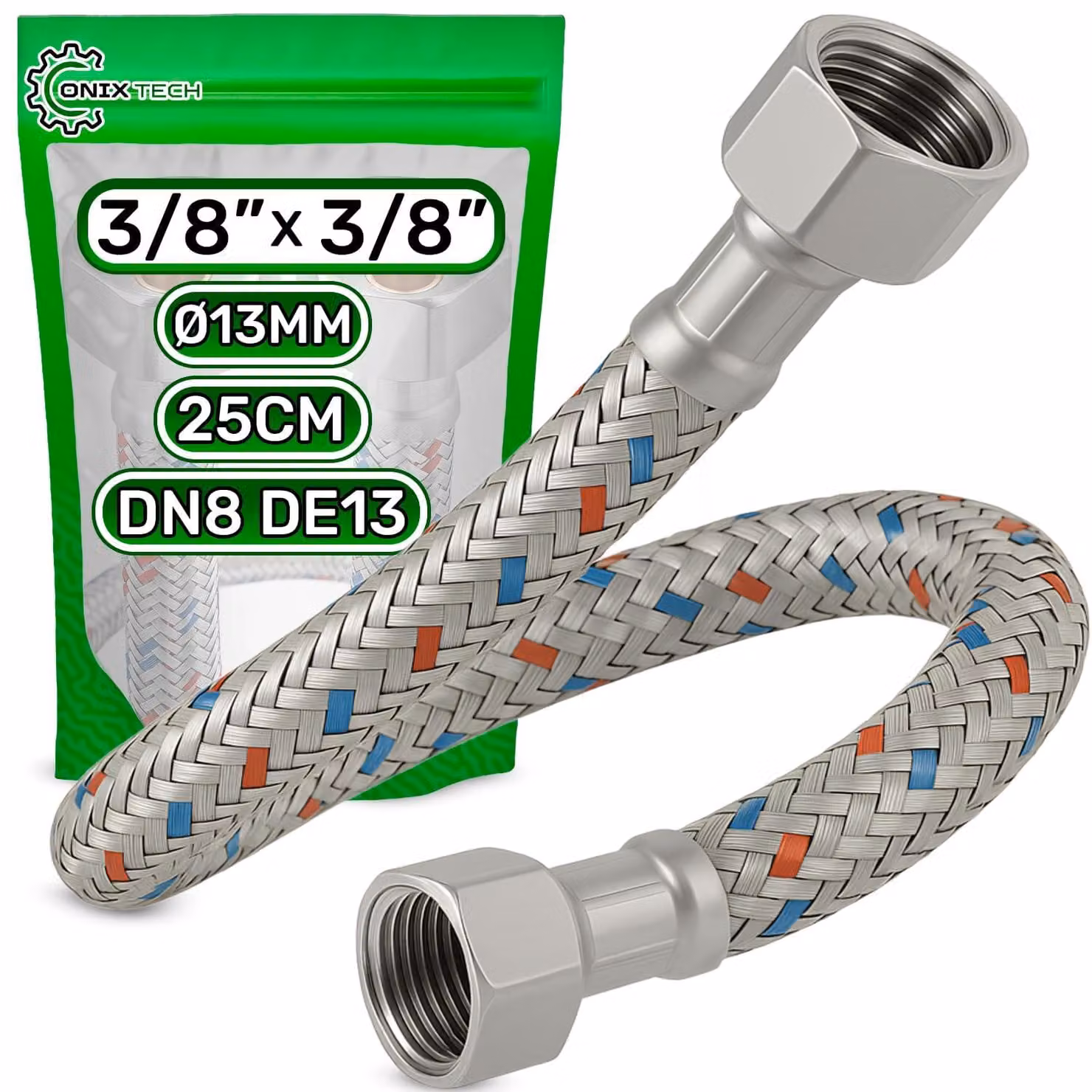 Tubo flessibile da 25 cm, sezione 1 cm x 1 cm, raccordo filettato IG, DN8, pressione massima 10 bar, temperatura di esercizio da -10 °C a +70 °C