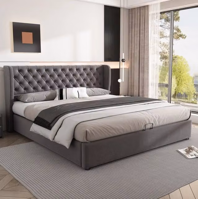 Letto imbottito matrimoniale 180x200 cm in tessuto vellutato grigio con contenitore idraulico e rete a doghe