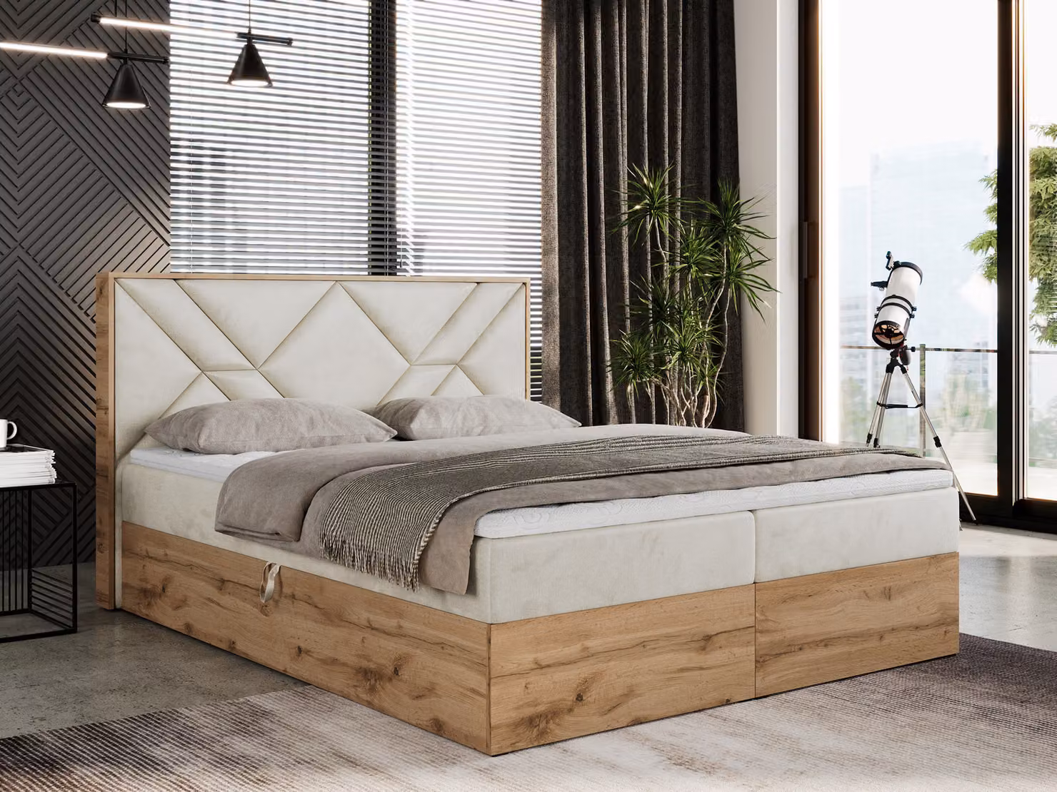 Letto con rete a molle 180x200 con contenitore, letto imbottito 180x200 con materasso H3, letto con rete a molle 180x200 con testiera, letto con rete a molle con struttura in legno massello - Gunar - Velluto beige - Materasso H3