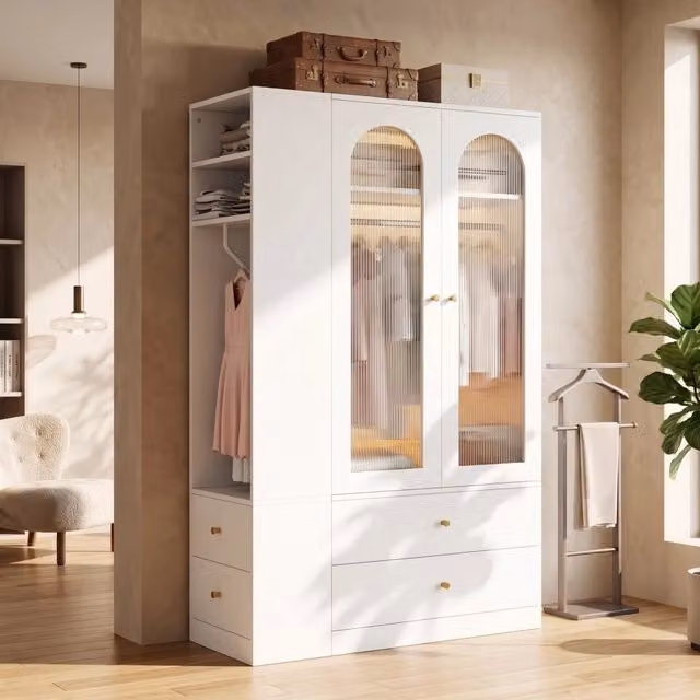 Armadio bianco 120x50x200 cm, 4 cassetti, 2 ante in vetro e 2 appendini. Moderno con grucce incluse, per camera da letto, cameretta e ufficio