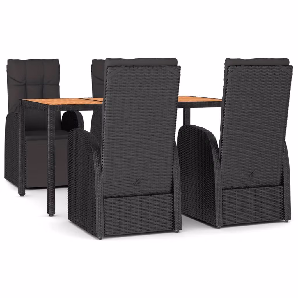 Set Pranzo Giardino 5pz Nero Polyrattan Legno Massello Acacia