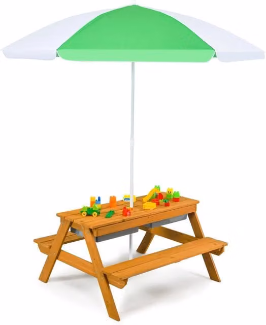 Tavolo picnic per bambini con ombrellone rimovibile e regolabile panche in legno, Tavolino da interno esterno Verde
