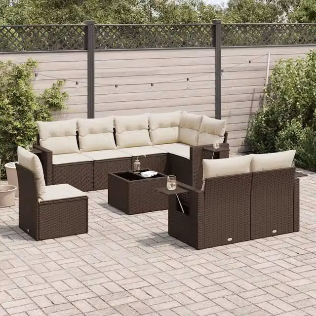 Set Divani da Giardino 9pz con Cuscini Marrone in Polyrattan 3220452