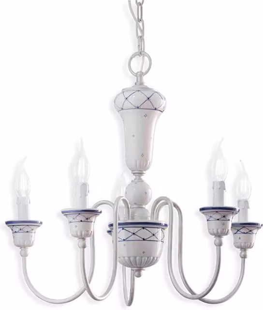 Lampadario Classico Sanremo Metallo E Ceramica Bianco Filo Blu 5 Luci E14