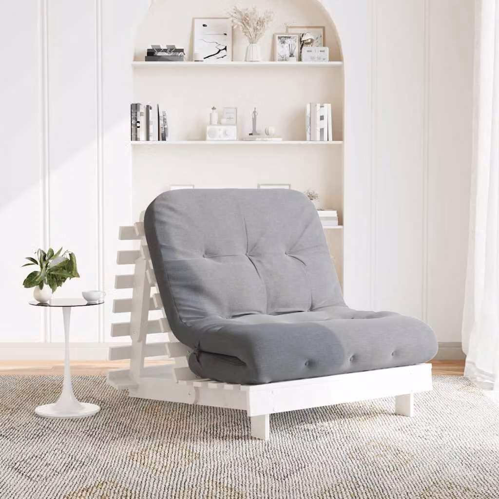 vidaXL Divano Letto Futuro in Legno di Pino con Materasso in Schiuma Bianco e Grigio L/P/H: 90 x 206 x 11 cm – 1
