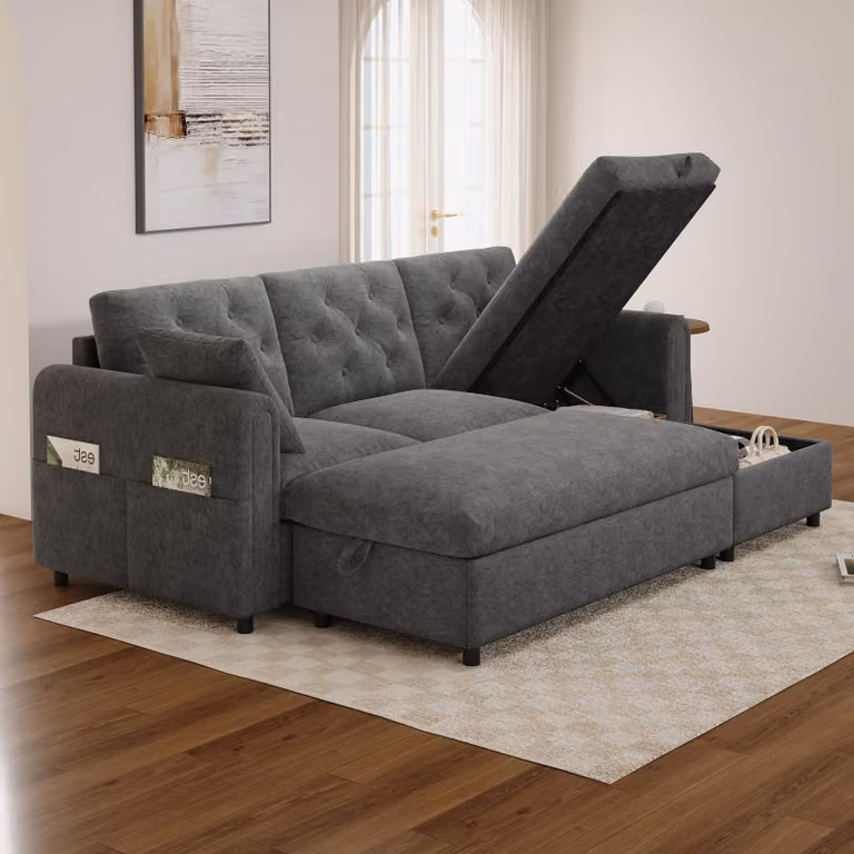 Divano angolare MODFU con poggiapiedi, divano modulare con chaise longue (destra e sinistra), divano letto con vano portaoggetti nascosto, velluto, grigio