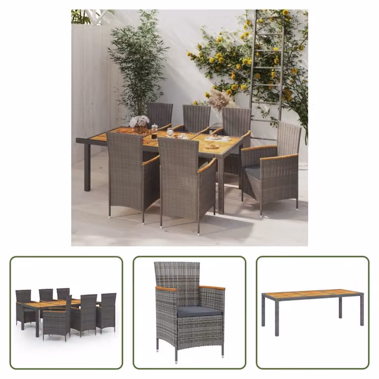 The Living Store Set da pranzo da giardino 7 pezzi con cuscini in poly rattan grigio
