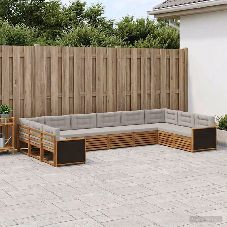 Set di divani da giardino vidaXL a forma di L in legno di acacia con cuscini, beige e grigio
