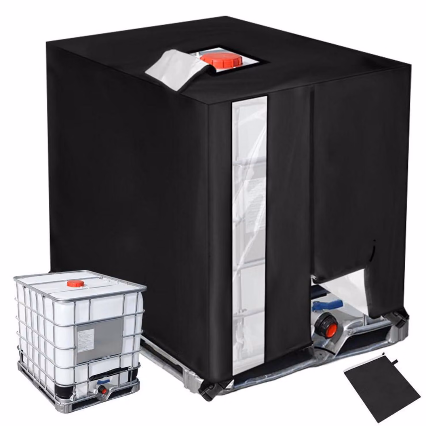 Copertura per serbatoio IBC da 1000 litri, con cerniera, finestra trasparente, coulisse, realizzata in tessuto Oxford 210D, con protezione UV, dimensioni 120x100x116 cm, colore nero