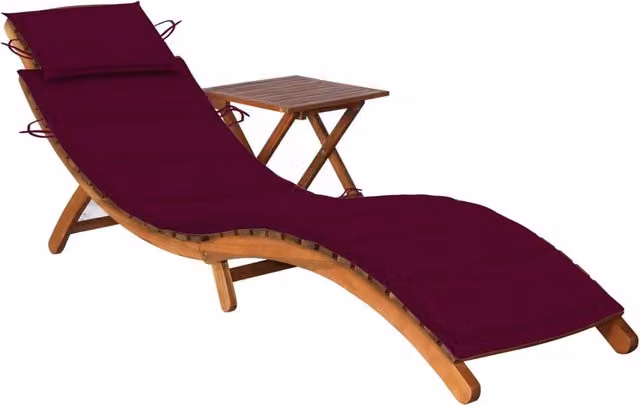 Lettino prendisole Outsunny in legno di acacia con cuscino rosso e viola, tavolo laterale e poggiatesta regolabile per giardino e terrazzo