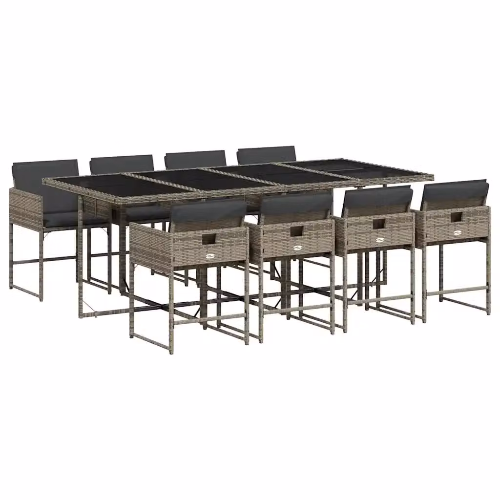 vidaXL Set da Pranzo da Giardino 9 pz in Polyrattan con Cuscini e Tavolo in Vetro Grigio e Nero – 2