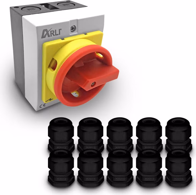 Interruttore generale ARLI 16 A, 4 poli, IP65, nero, in custodia + 10 pressacavi M20