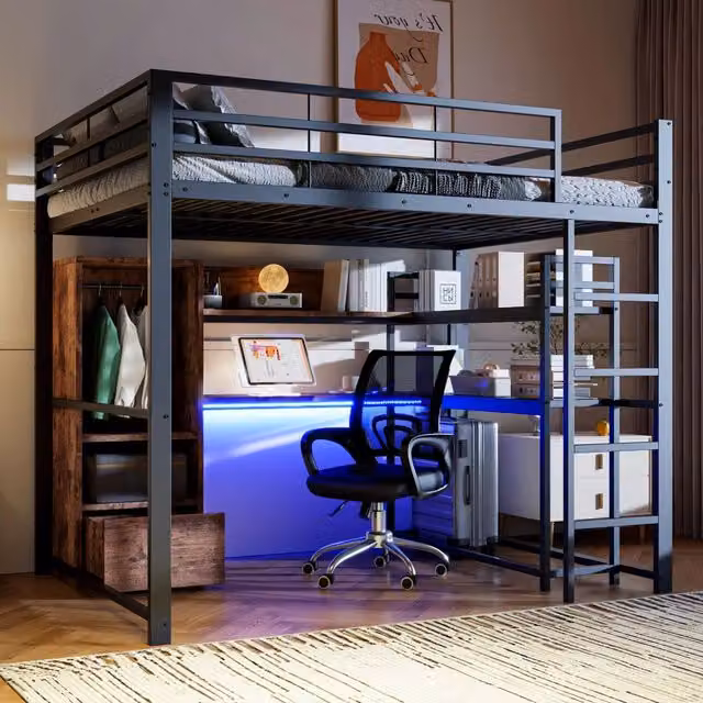 Letto a soppalco REDOM con scrivania, cassetti e illuminazione LED in metallo e MDF nero L/P: 140 x 200 cm