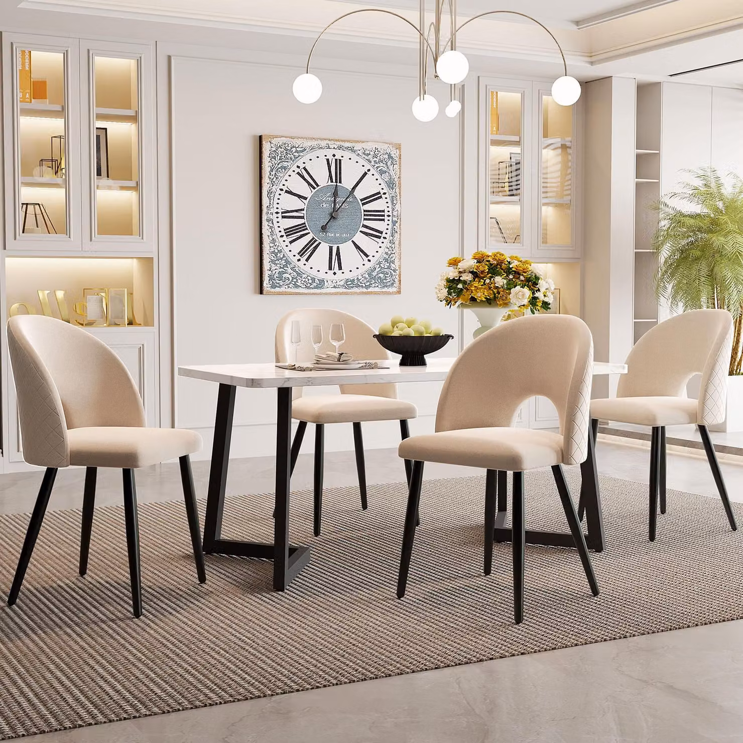 Fortuna Lai, set da pranzo (composto da tavolo da pranzo 117x68 cm e 4 sedie). Tavolo da pranzo rettangolare, set moderno per cucina, sedie da pranzo in velluto con motivo a diamante, gambe delle sedie regolabili, velluto beige, gambe del tavolo nere