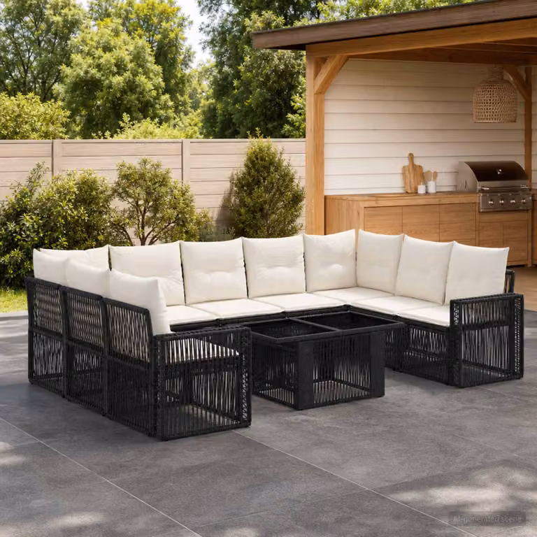 Set Divano da Giardino vidaXL in Polyrattan Nero e Bianco Crema con Cuscini e Tavolino in Vetro