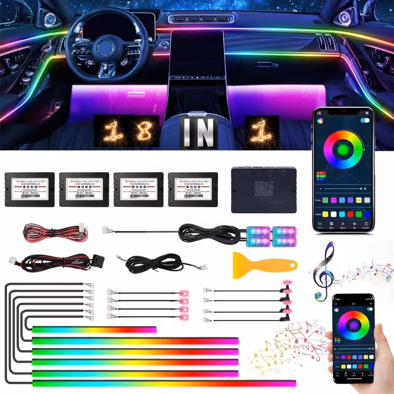 Illuminazione interna per auto a LED, 6 metri, luce ambientale RGB, controllo tramite app e telecomando, 18 funzioni