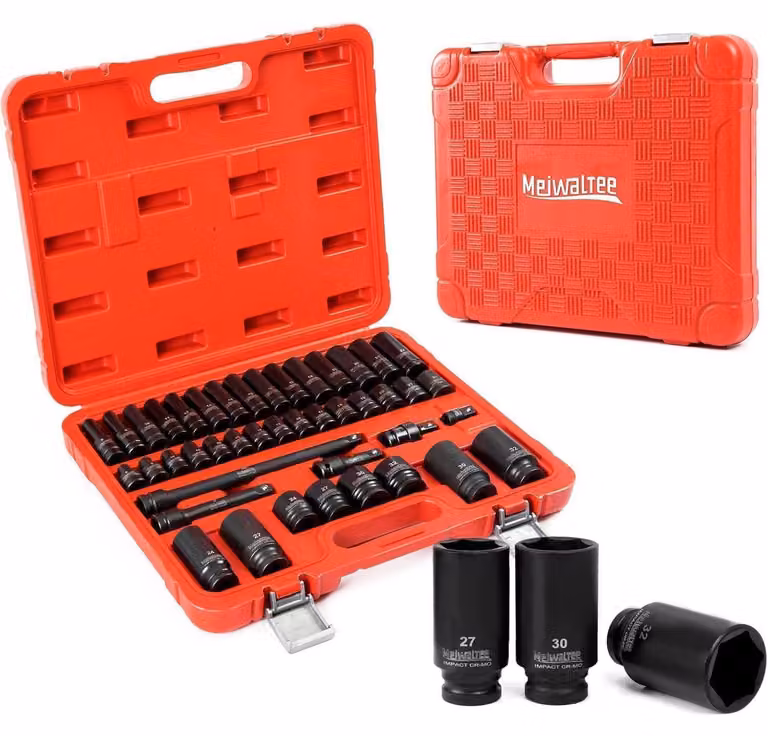 Set di bussole per avvitatore a percussione, 43 pezzi, metriche, da 8 a 32 mm, con testa profonda e piatta, in acciaio CR-MO, con accessori