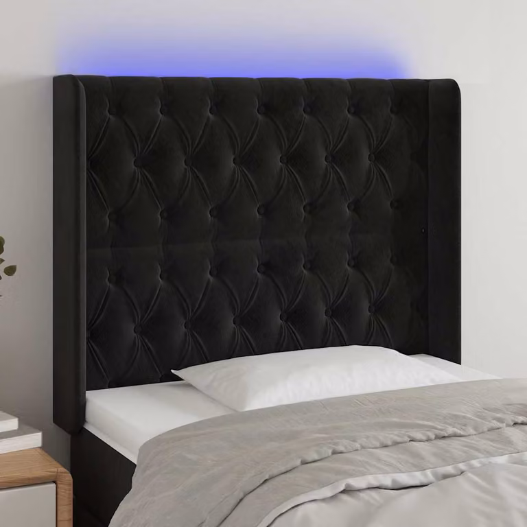 Testiera per letto vidaXL in velluto nero con illuminazione LED integrata e porta di ricarica USB, L: 103 cm, P: 16 cm, H: 118-128 cm