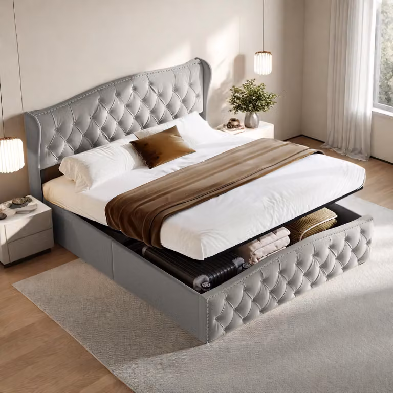UnboxG Letto imbottito 160 x 200 cm con alzata a gas e contenitore - letto matrimoniale, rivestimento in tessuto, grigio, struttura letto moderna con ampia base letto