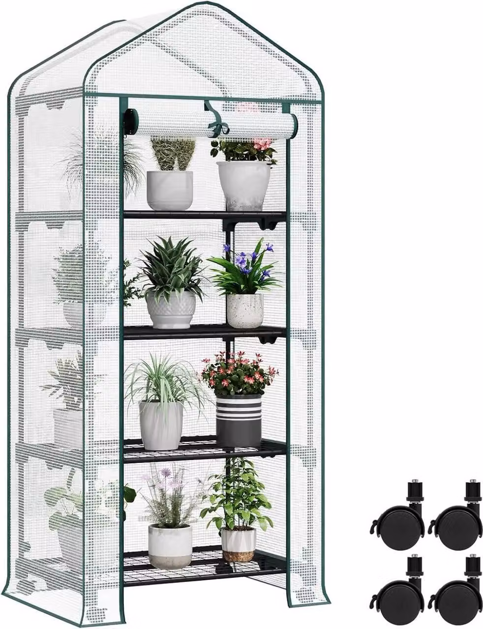 Serra tunnel con ruote e 4 scaffali | Bianco, verde | 70x50x163 cm