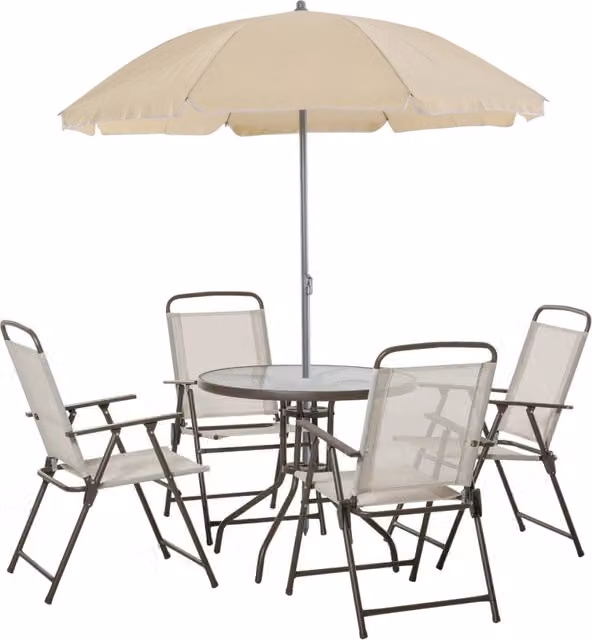 Set da giardino Easycomfort composto da tavolo rotondo in vetro e 6 sedie in acciaio verniciato opaco, colore beige