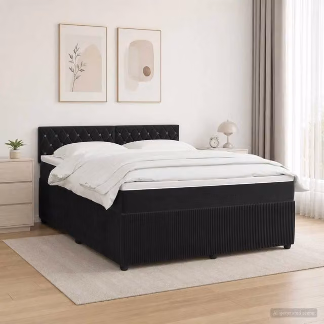Letto box spring ibrido vidaXL con materasso in velluto nero e base contenitore, dotato di illuminazione sottostante e porta USB, L/P: 140 x 200 cm