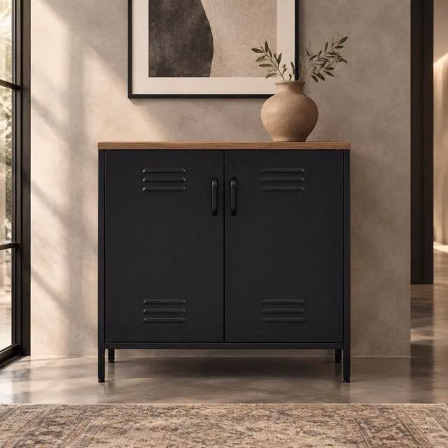 Credenza industriale 80x40x80 cm in metallo nero, piano effetto legno, 2 ante, salvaspazio –