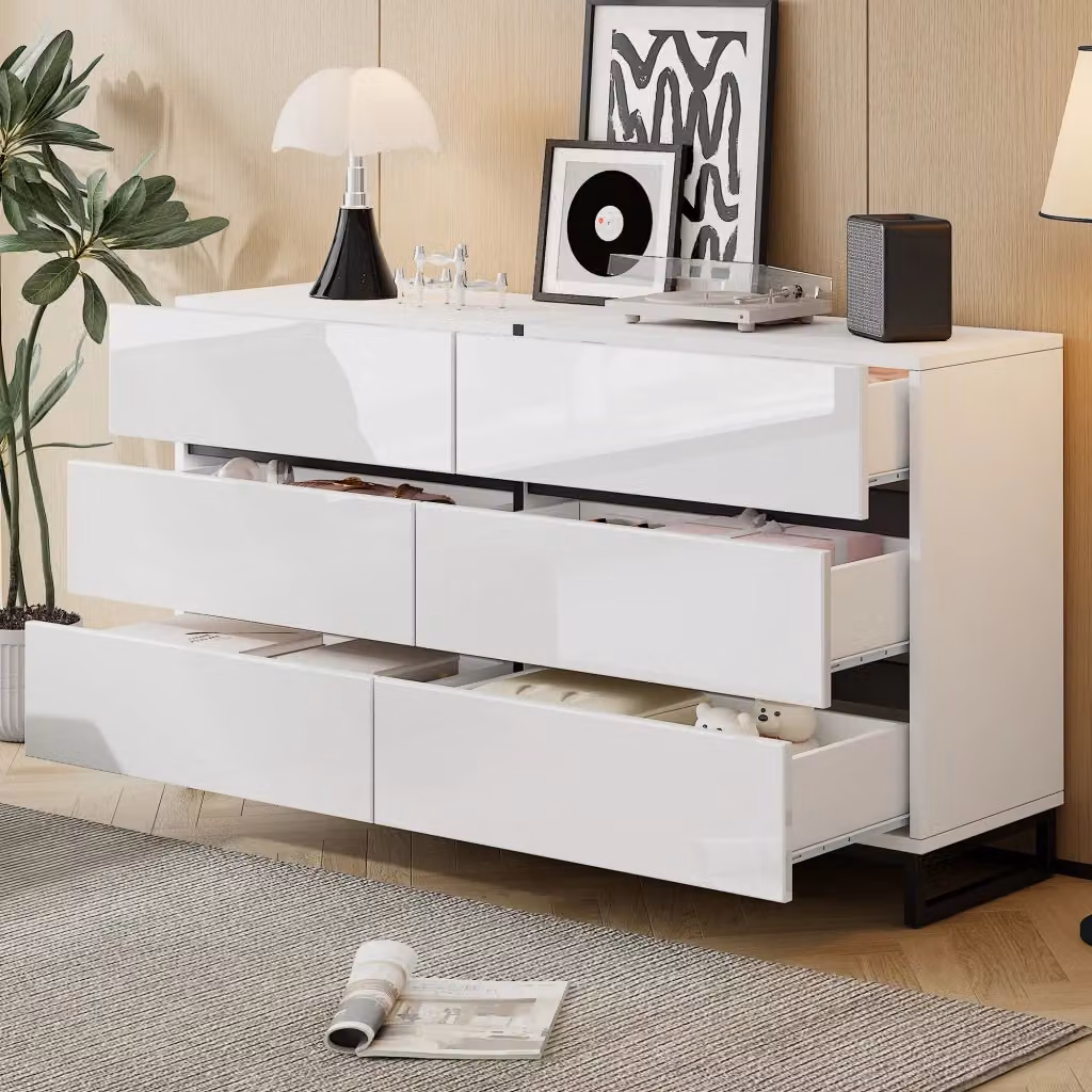 Sideboard moderno WISHDOR per soggiorno con 6 cassetti, finitura lucida bianco e nero, L: 140 cm, P: 39,5 cm, H: 78,5 cm – 2
