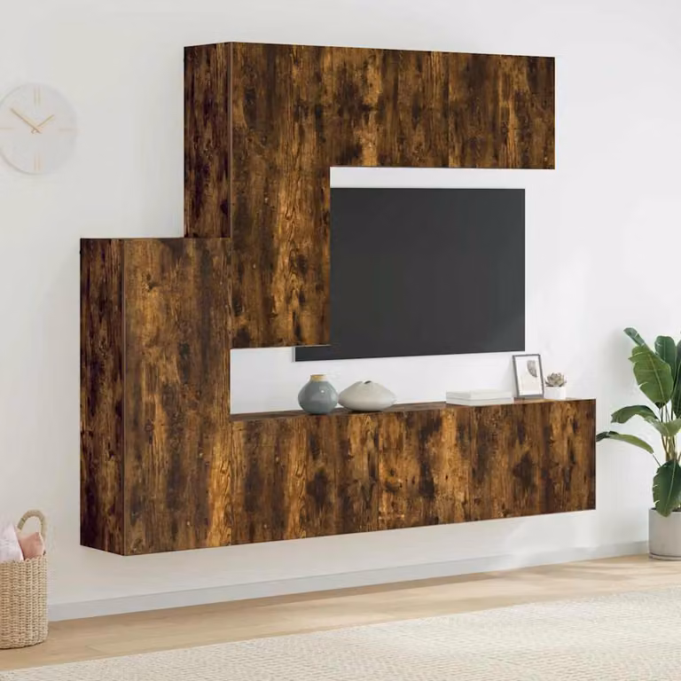 Set di 5 mobili TV da parete vidaXL in legno multistrato e MDF, colore Rovere Fumo, stile moderno