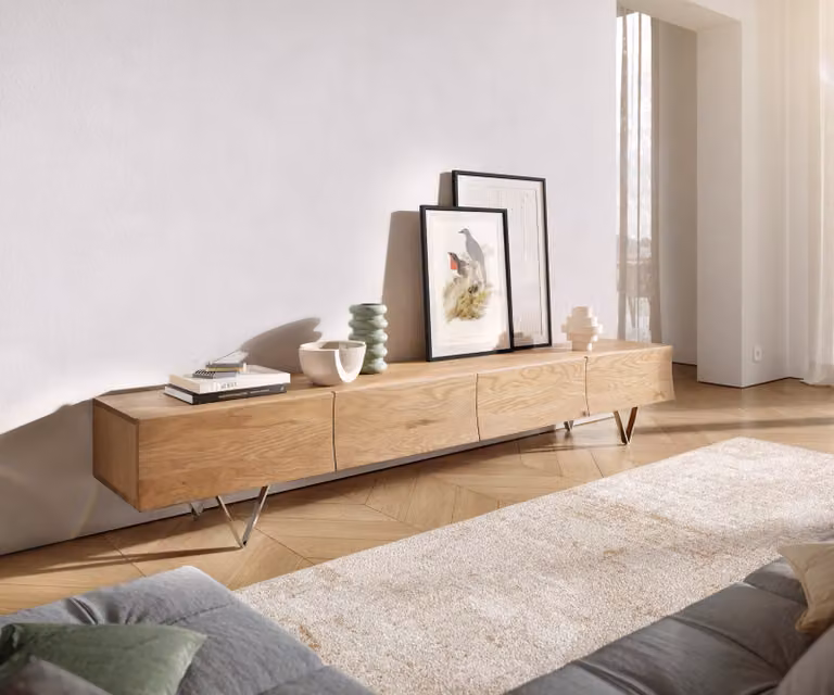 DELIFE Credenza bassa Wyatt 220 cm rovere naturale, 4 cassetti, piedini a V in acciaio inossidabile