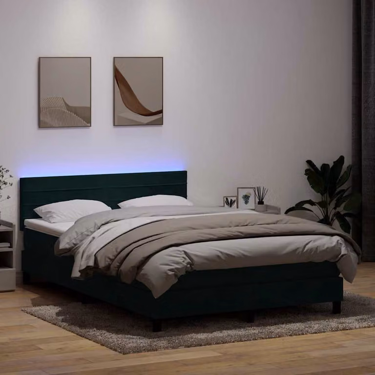 Letto a molle con materasso ibrido vidaXL in velluto verde scuro con illuminazione LED e porta USB, L/P/H: 160 x 220 x 223 cm