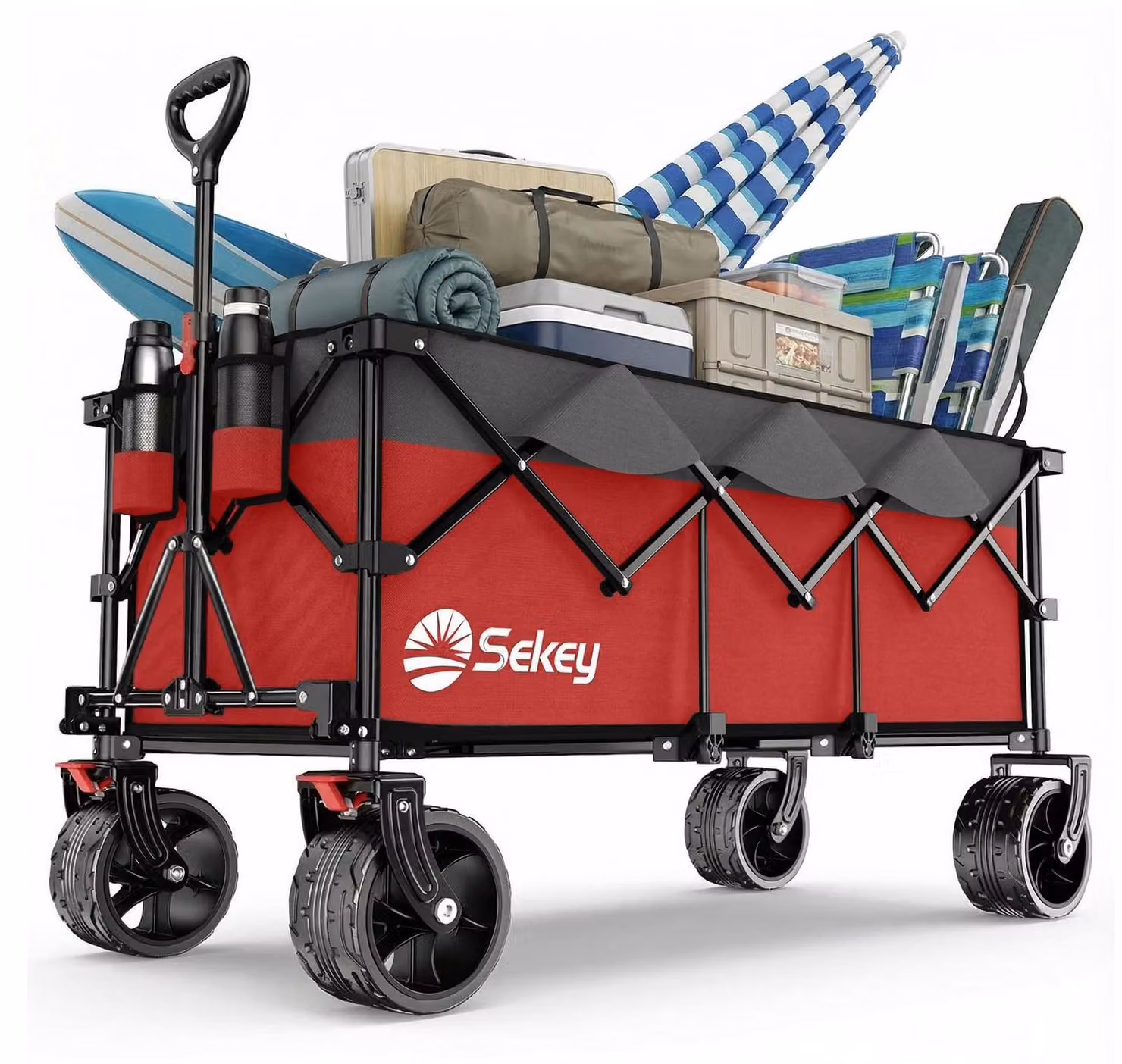 Sekey XXXL Carrello pieghevole 300L 200KG Resistente, carrello pieghevole allungato con larghezza extra 17x10 cm Ruote all-terrain Carrello a mano, brevettato Carrello da trasporto a montaggio immediato in 4 direzioni, rosso con grigio
