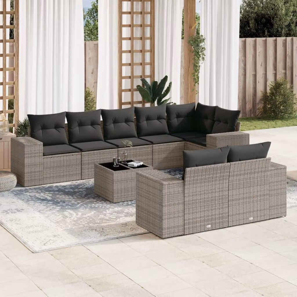 vidaXL Set Divano da Giardino a L 9 pz in Polyrattan Grigio con Cuscini e Tavolino – 1