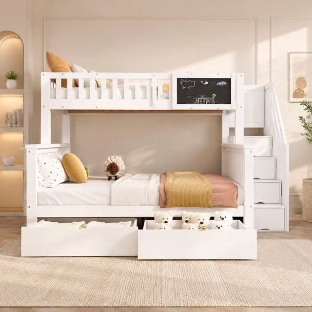 Letto a castello 90x200 e 140x200 cm con lavagna e cassetti in legno bianco