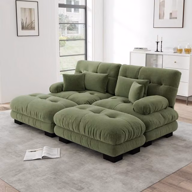 Divano modulare con pouf mobili in ciniglia verde