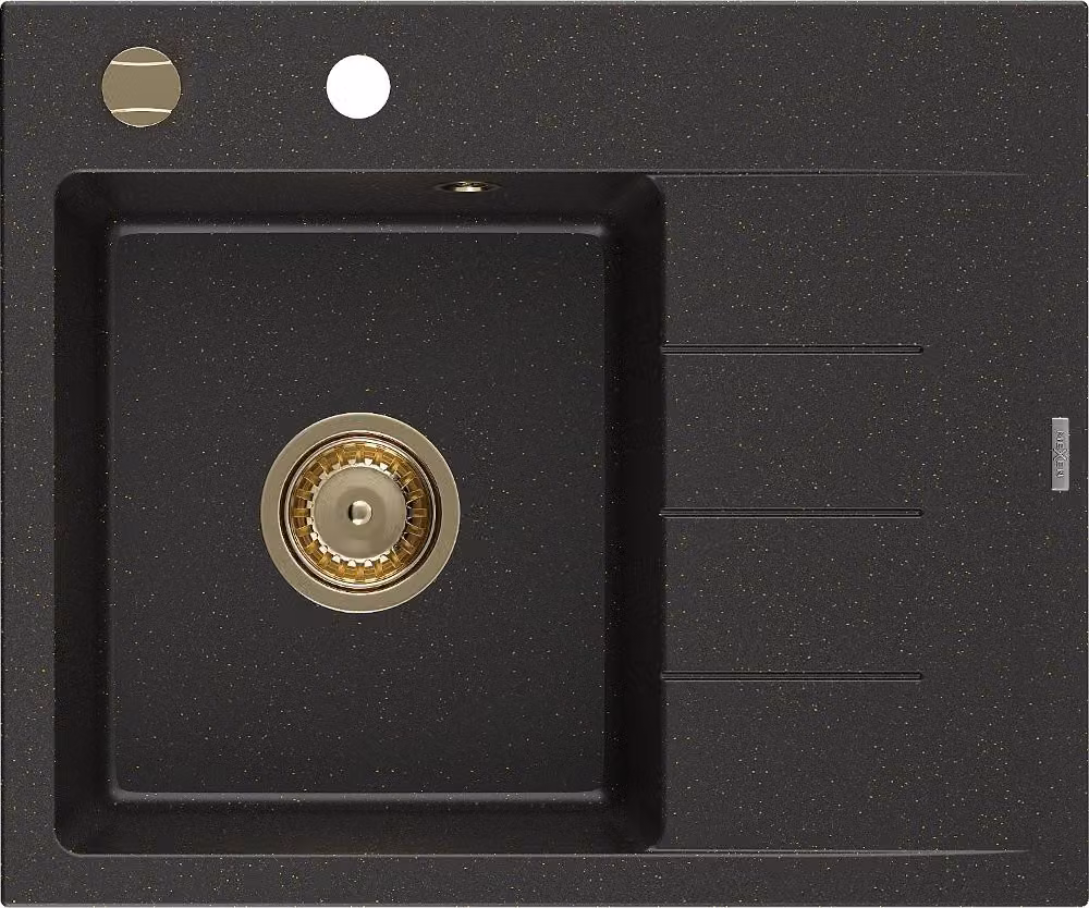 Mexen Ben lavello in granito 1-vasca con sgocciolatoio, sinistro 600 x 500 mm, nero/oro metallizzato, sifone oro