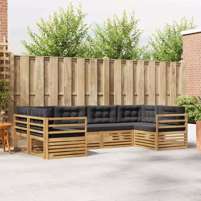 Set di divani da esterno vidaXL a forma di L composto da 6 pezzi in legno di acacia con cuscini bianchi e antracite – 1