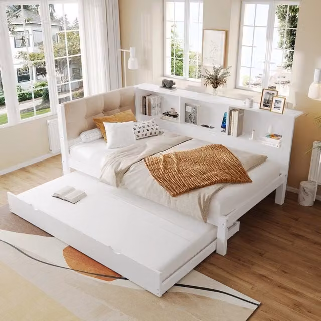 Letto giorno singolo 90x200 cm in pino bianco con letto estraibile, LED dimmerabile e porta USB integrati