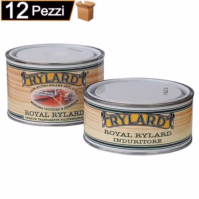 Vernice poliuretanica bicomponente Royal per legno, trasparente lucido, resistente alle intemperie, confezione da 12 pezzi da 375 ml ciascuno