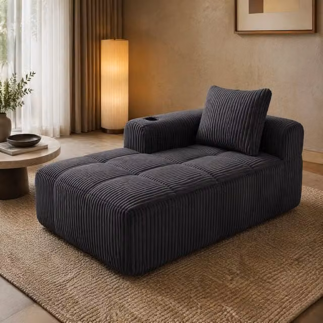 Divano compatto in corduroy con tasche laterali e portabicchieri; 158x93x61 cm; grigio scuro