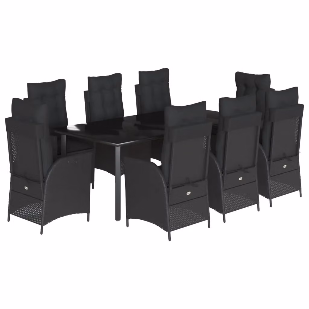 Set da Pranzo da Giardino vidaXL in Polyrattan Nero con Cuscini e Tavolo in Vetro, 9 Pezzi – 2