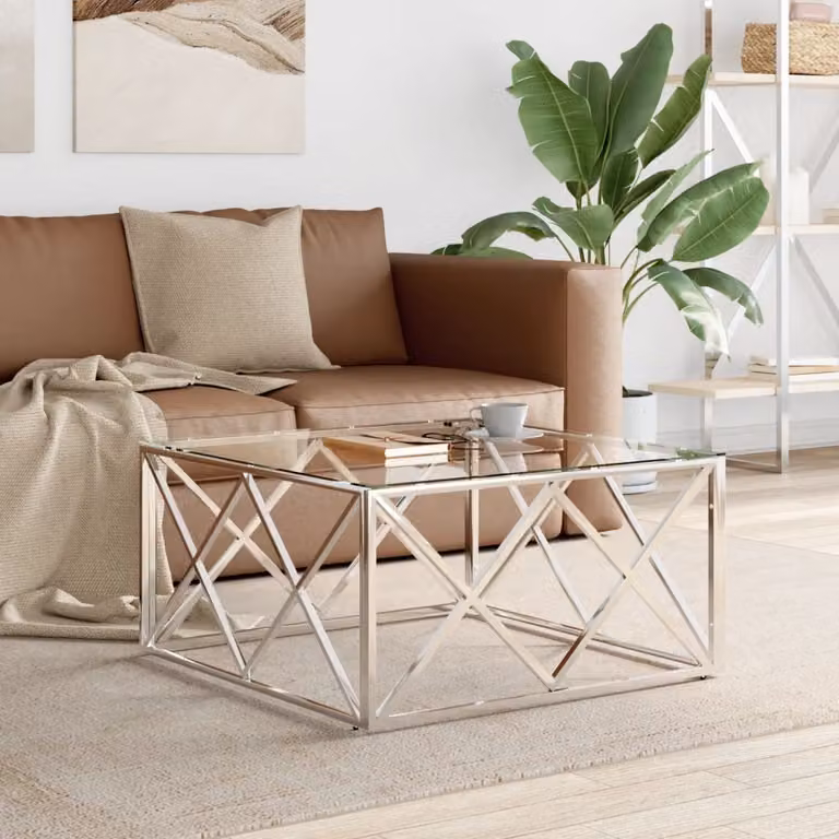 Tavolino The Living Store 80x80x40 cm in acciaio inox e vetro