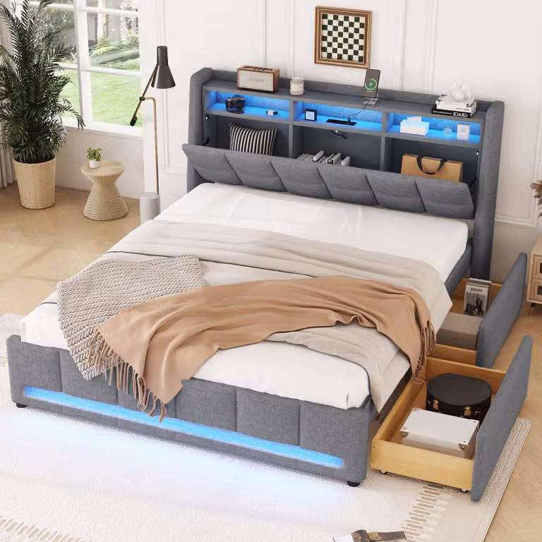 Letto imbottito MODFU per ragazzi 140 x 200 con luce LED (telecomando tramite app) e porta USB, letto matrimoniale con contenitore, struttura letto con cassetti e testiera, tessuto, grigio