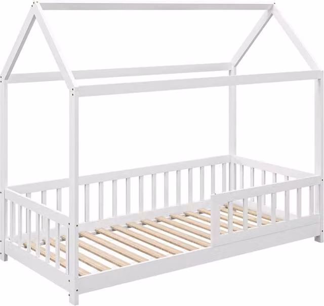 Letto a Casetta per Bambini ¨C Xylo ¨C Legno Pino Bianco con Doghe e Recinzione 96x195x165 cm