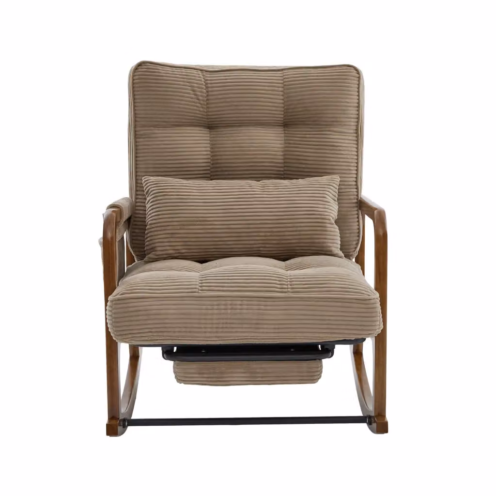 Poltrona Dondolo Minimal con Poggiapiedi in Velluto Corduroy Beige e Struttura in Legno Massello, Schienale Regolabile e Cuscino Lombare – 2