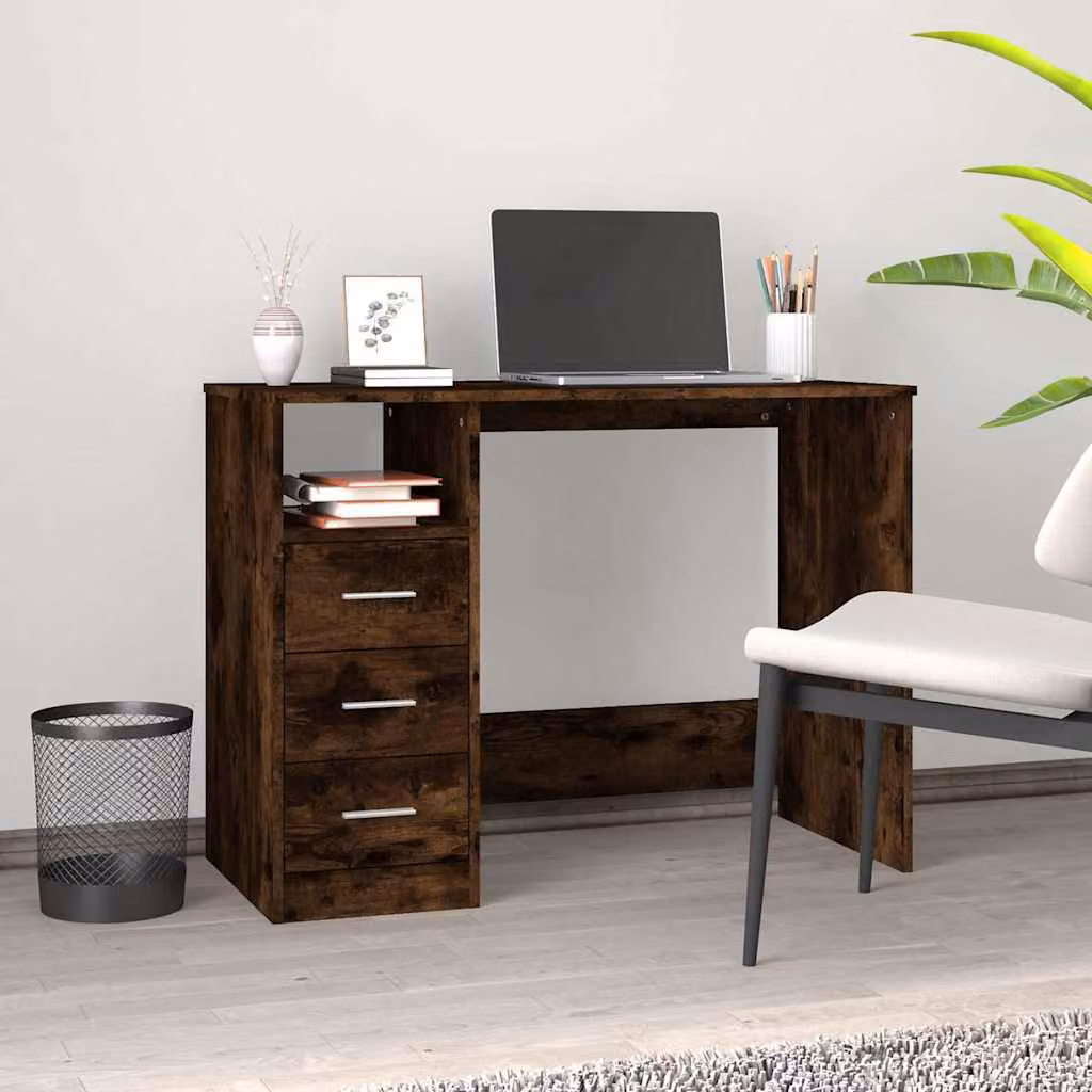 Scrivania moderna vidaXL con cassetti in legno e MDF, colore rovere fumo, L 102 cm x P 50 cm x H 76 cm