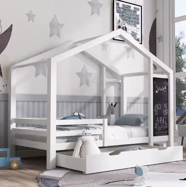 Letto a casetta per bambini 90x200 cm in legno massello bianco con lavagna e 2 cassetti