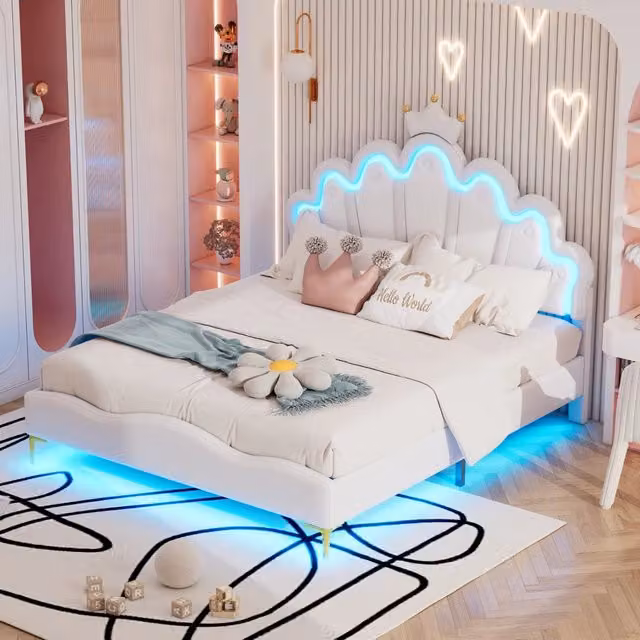 Crown Shape Princess Double Bed 140x200cm con strisce LED in PU bianca